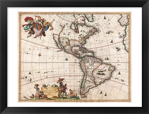 Framed 1658 Visscher Map of North America and South America Print