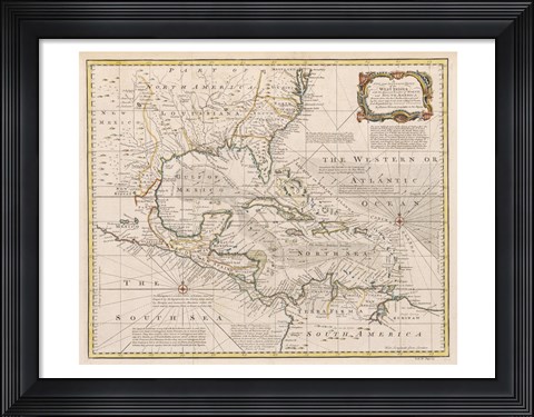 Framed 1720 Map of the West Indies Print