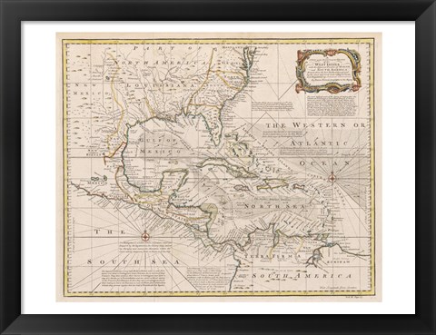 Framed 1720 Map of the West Indies Print