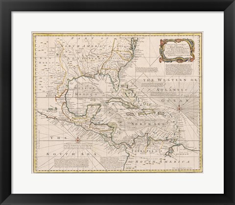 Framed 1720 Map of the West Indies Print