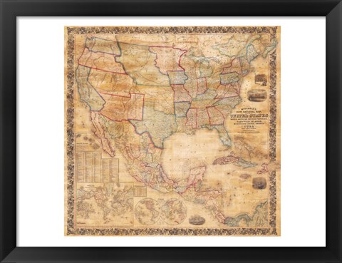 Framed 1856 Mitchell Wall Map of the United States and North America Print