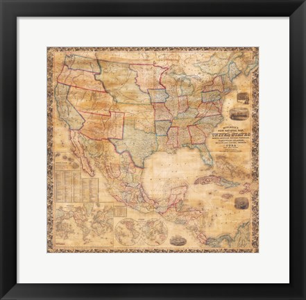 Framed 1856 Mitchell Wall Map of the United States and North America Print