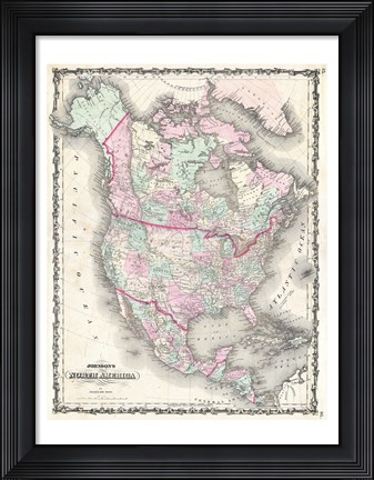 Framed 1862 Johnson Map of North America Print