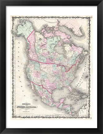 Framed 1862 Johnson Map of North America Print