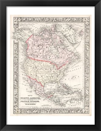 Framed 1864 Mitchell Map of North America Print