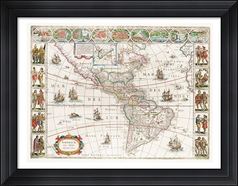 Framed Americae nova Tabula - Map of North and South America Print