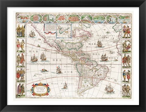 Framed Americae nova Tabula - Map of North and South America Print