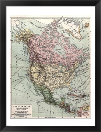 Framed Nord-Amerika Politisk Ofversiktskarta, Nordisk familjebok Print