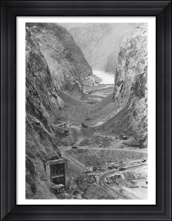 Framed Looking upstream through Black Canyon toward Hoover Dam site showing condition after diversion of Colorado River Print