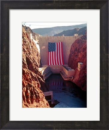 Framed Hoover Dam with large  American flag Print