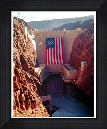 Framed Hoover Dam with large  American flag Print