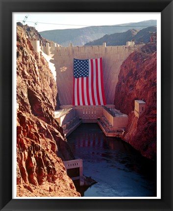 Framed Hoover Dam with large  American flag Print