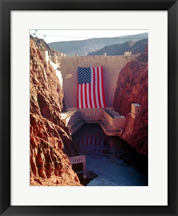 Framed Hoover Dam with large  American flag Print