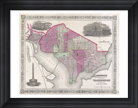 Framed 1864 Johnson Map of Washington D.C. and Georgetown Print