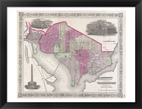 Framed 1864 Johnson Map of Washington D.C. and Georgetown Print