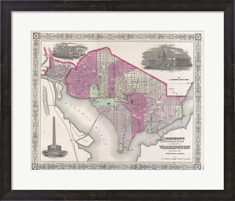 Framed 1864 Johnson Map of Washington D.C. and Georgetown Print