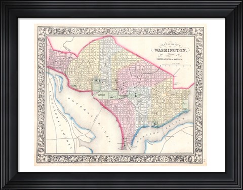 Framed 1864 Mitchell Map of Washington D.C. Print