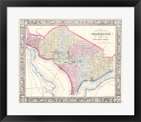 Framed 1864 Mitchell Map of Washington D.C. Print