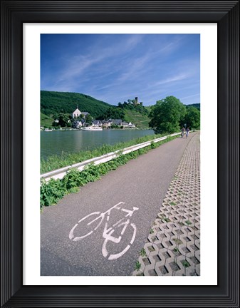 Framed Cycle, Bicycle Path and Two Cyclists, Town View, Beilstein, Mosel Valley, Rhineland, Germany Print
