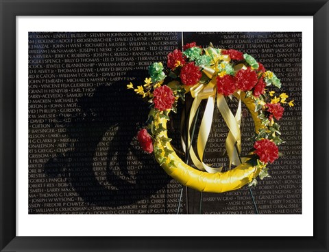 Framed Wreath on the Vietnam Veterans Memorial Wall, Vietnam Veterans Memorial, Washington, D.C., USA Print