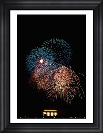 Framed Fireworks display at night with a memorial in the background, Lincoln Memorial, Washington DC, USA Print