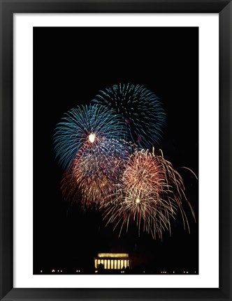 Framed Fireworks display at night with a memorial in the background, Lincoln Memorial, Washington DC, USA Print