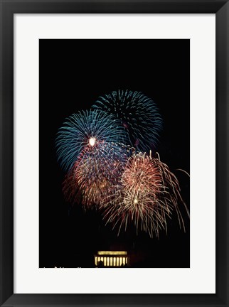 Framed Fireworks display at night with a memorial in the background, Lincoln Memorial, Washington DC, USA Print