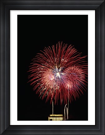Framed Fireworks display at night with a memorial in the background, Lincoln Memorial, Washington DC, USA Print