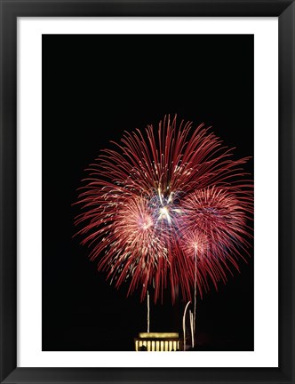 Framed Fireworks display at night with a memorial in the background, Lincoln Memorial, Washington DC, USA Print