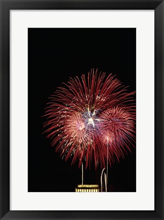 Framed Fireworks display at night with a memorial in the background, Lincoln Memorial, Washington DC, USA Print