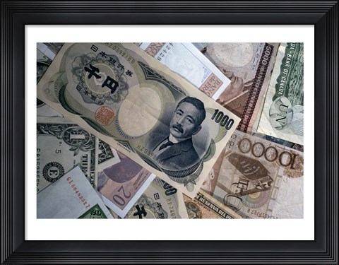 Framed Heap of US and Foreign Currency notes Print