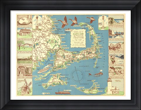 Framed 1940 Colonial Craftsman Decorative Map of Cape Cod, Massachusetts Print
