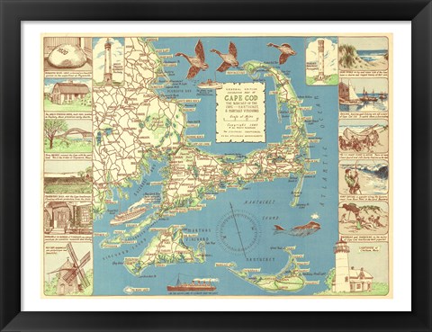 Framed 1940 Colonial Craftsman Decorative Map of Cape Cod, Massachusetts Print