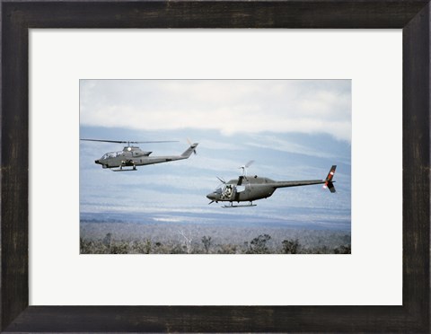 Framed left side view of an AH-1 Cobra helicopter, front, and an OH-58 Kiowa helicopter Print