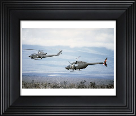 Framed left side view of an AH-1 Cobra helicopter, front, and an OH-58 Kiowa helicopter Print