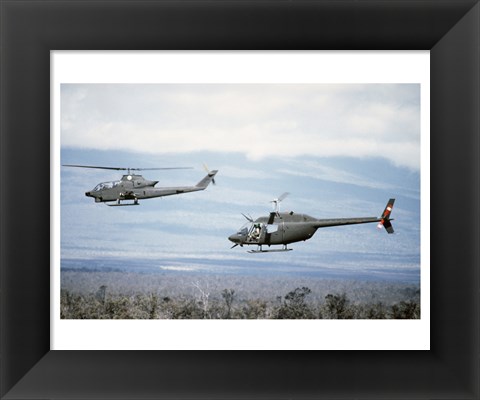 Framed left side view of an AH-1 Cobra helicopter, front, and an OH-58 Kiowa helicopter Print