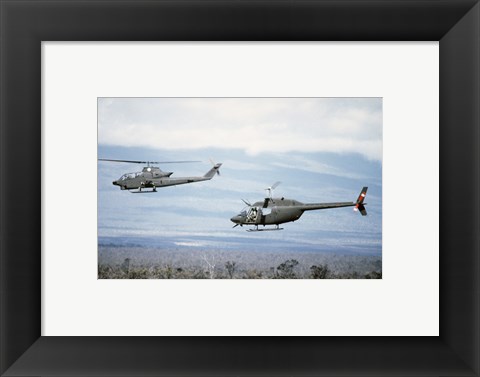 Framed left side view of an AH-1 Cobra helicopter, front, and an OH-58 Kiowa helicopter Print