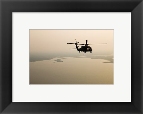 Framed Air Force helicopter flys over Lake Pontchatrain to New Orleans Print