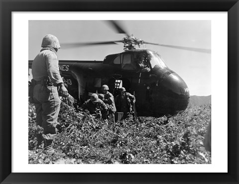 Framed Korea, US Marine Corps, soldiers exiting military helicopter Print