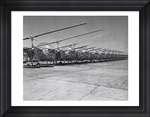 Framed Helicopters in a row, Bell H-13D, Korean War Print