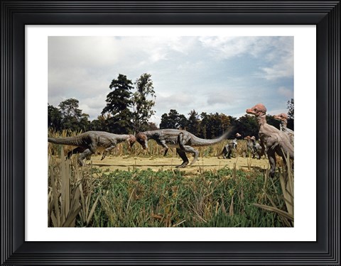 Framed Side profile of two pachycephalosaurus fighting in a forest Print