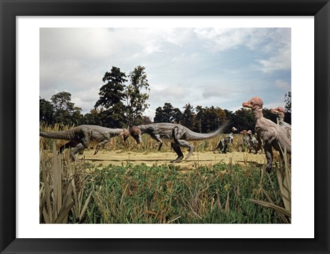 Framed Side profile of two pachycephalosaurus fighting in a forest Print