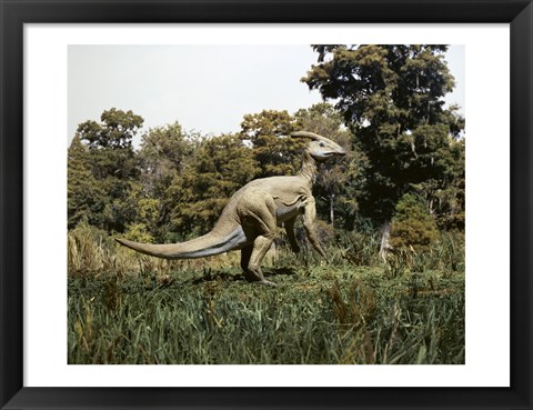 Framed Side profile of a parasaurolophus walking in a forest Print