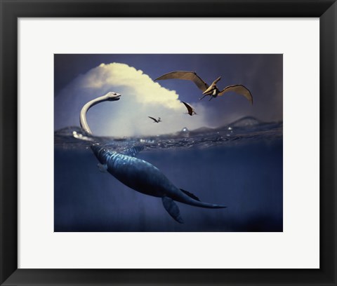 Framed Plesiosaurus and Flying Pteranodons Print