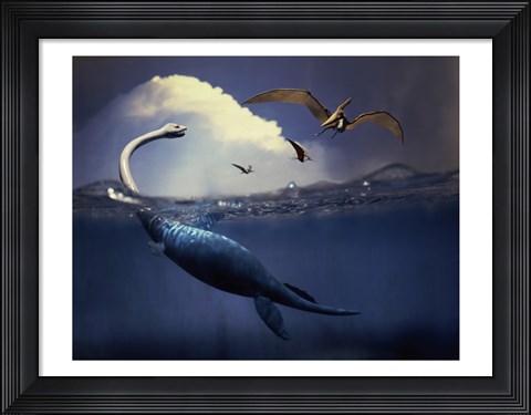 Framed Plesiosaurus and Flying Pteranodons Print