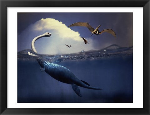 Framed Plesiosaurus and Flying Pteranodons Print