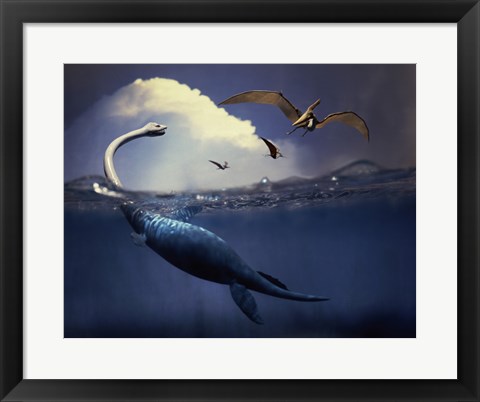 Framed Plesiosaurus and Flying Pteranodons Print