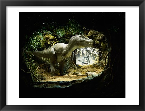 Framed Tyrannosaur Watching Family Group Fighting an Ankylosaurus Print