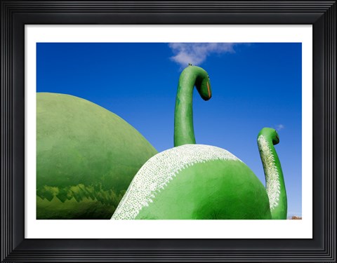 Framed Sculptures of two dinosaurs outside a rock shop, Holbrook, Route 66, Arizona, USA Print