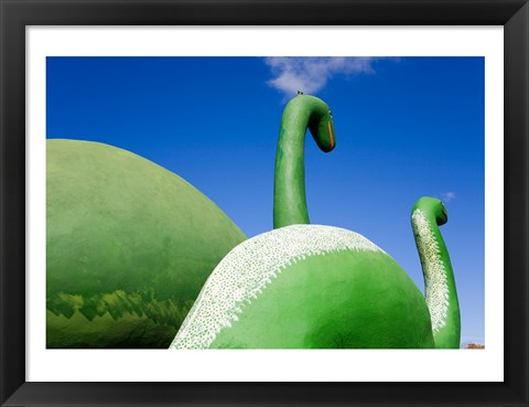 Framed Sculptures of two dinosaurs outside a rock shop, Holbrook, Route 66, Arizona, USA Print